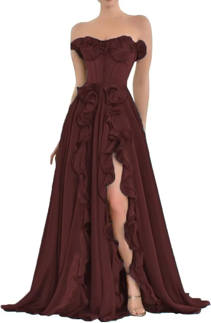 Strapless Chiffon Long Prom Dresses with Slit for Women Pleated Ball Gown A Line Ruffles Formal Evening Party Gowns