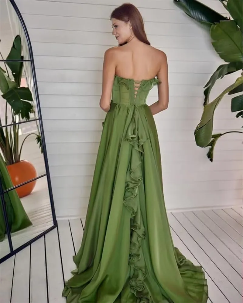Strapless Chiffon Long Prom Dresses with Slit for Women Pleated Ball Gown A Line Ruffles Formal Evening Party Gowns