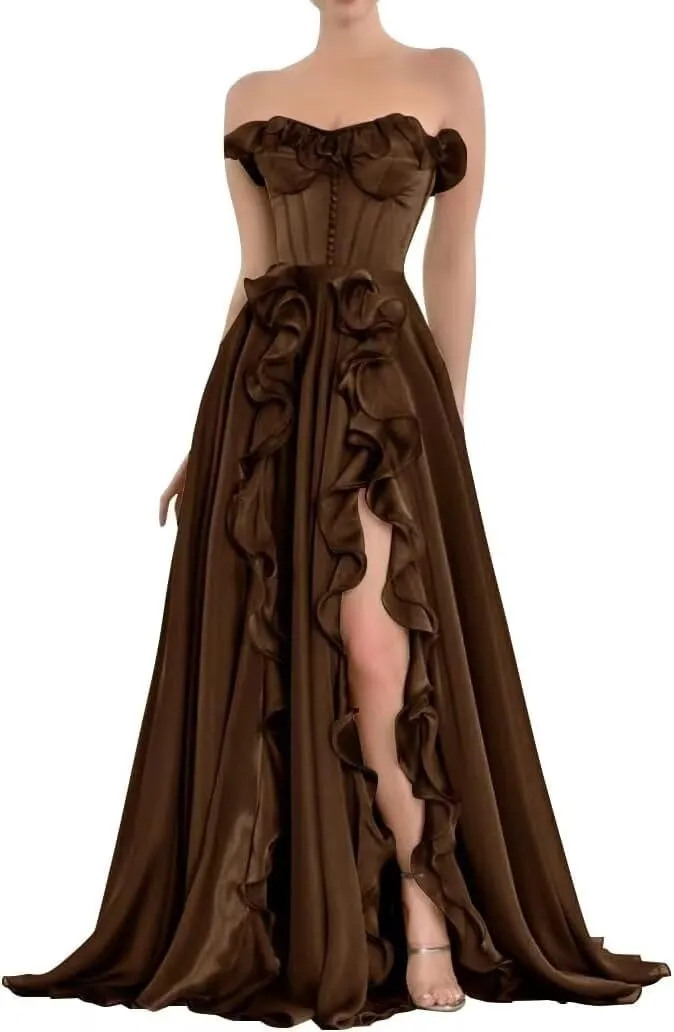 Strapless Chiffon Long Prom Dresses with Slit for Women Pleated Ball Gown A Line Ruffles Formal Evening Party Gowns