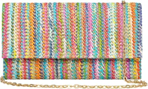 Straw Shoulder Crossbody Bag, Chain Evening Purse Envelope Clutch Handbag Summer Beach Bag