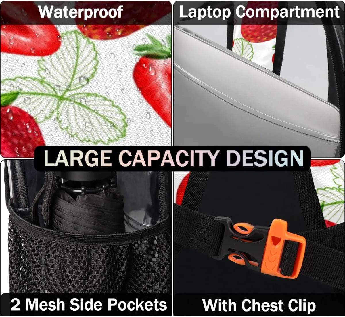 Strawberry Leaves Clear Backpack Stadium Approved Heavy Duty PVC Transparent Backpacks Large See Through Bag for Work Travel Sports Events Concerts