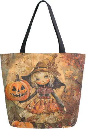 Stylish Extra Large Shoulder Grocery Tote Bag, Halloween Witch Girl with Pumpkin Canvas Daily Handle Bag for Gym Weekender Beach Travel Kitchen Reusable Market Shopping
