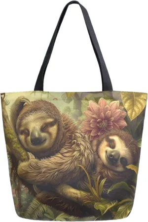 Stylish Extra Large Shoulder Grocery Tote Bag, Jungle Branch Happy Sloth Flowers Canvas Daily Handle Bag for Gym Weekender Beach Travel Kitchen Reusable Market Shopping