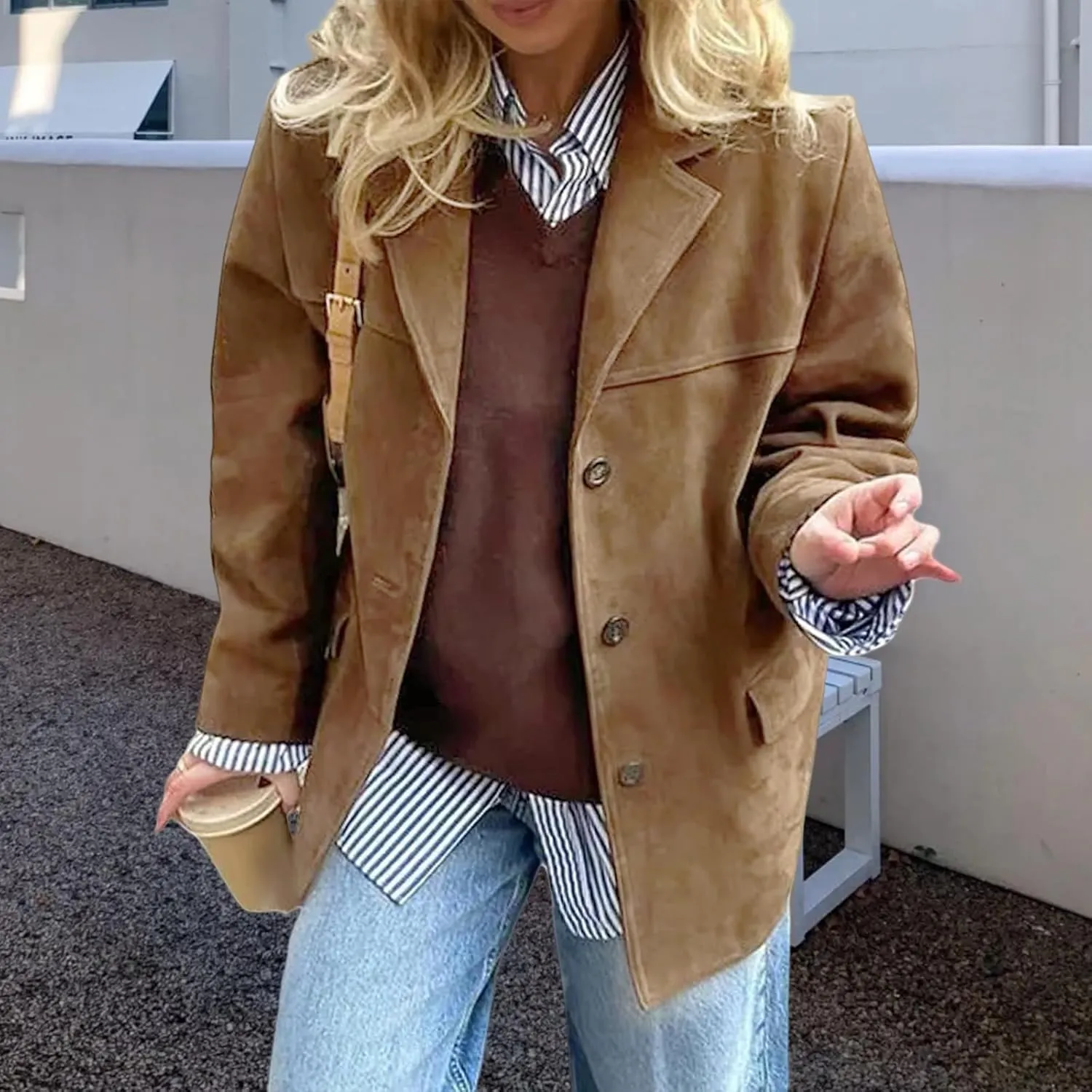 Suede Blazers for Women Fall Fashion Faux Leather Jacket Casual Oversized Button Down Long Sleeve Coats Outwear