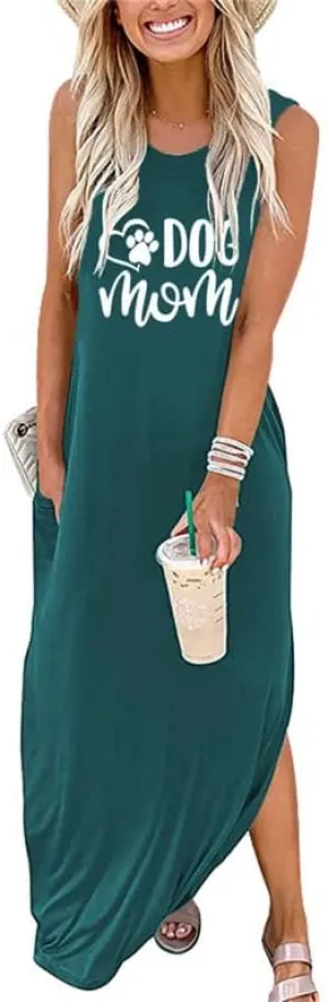 Summer Dog Mom Dresses for Women 2023 Letter Paw Graphic Print Dress Casual Sleeveless Maxi Beach Sundress