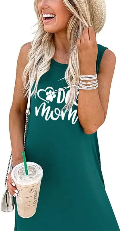 Summer Dog Mom Dresses for Women 2023 Letter Paw Graphic Print Dress Casual Sleeveless Maxi Beach Sundress