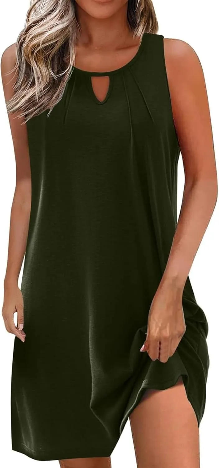 Summer Dresses for Women 2025 Keyhole Neck Casual Dress Sleeveless Pleated Mini Dress Beach Vacation Flowy Dresses
