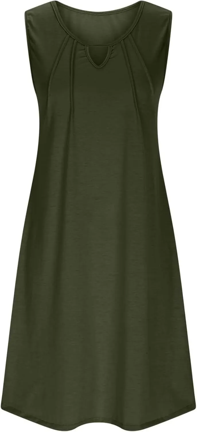 Summer Dresses for Women 2025 Keyhole Neck Casual Dress Sleeveless Pleated Mini Dress Beach Vacation Flowy Dresses