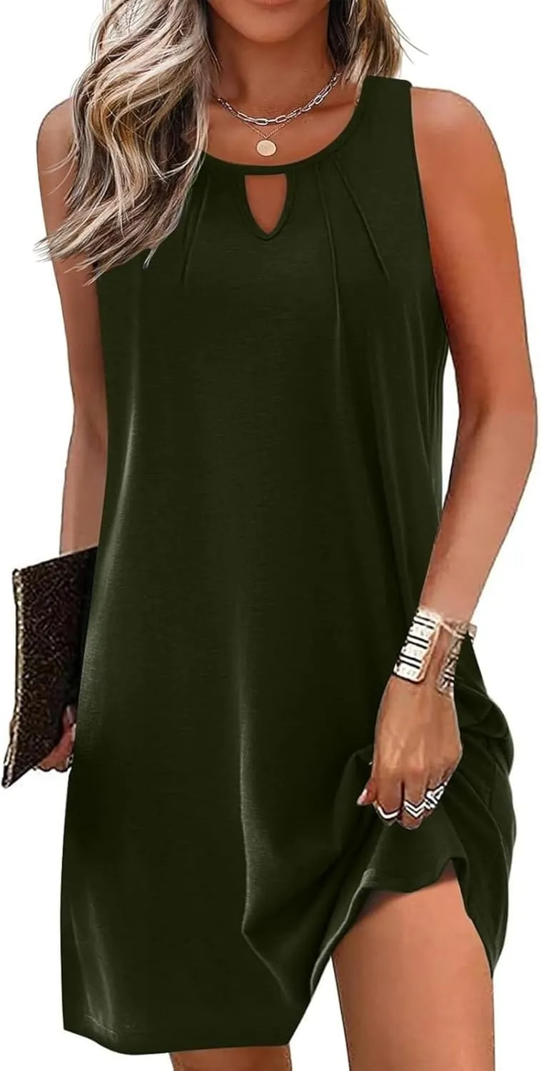 Summer Dresses for Women 2025 Keyhole Neck Casual Dress Sleeveless Pleated Mini Dress Beach Vacation Flowy Dresses