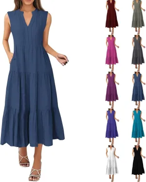 Summer Dresses for Women 2025 Maxi Flowy Casual Boho Sundresses Sleeveless V-Neck Pleated Beach Vacation Tank Dress