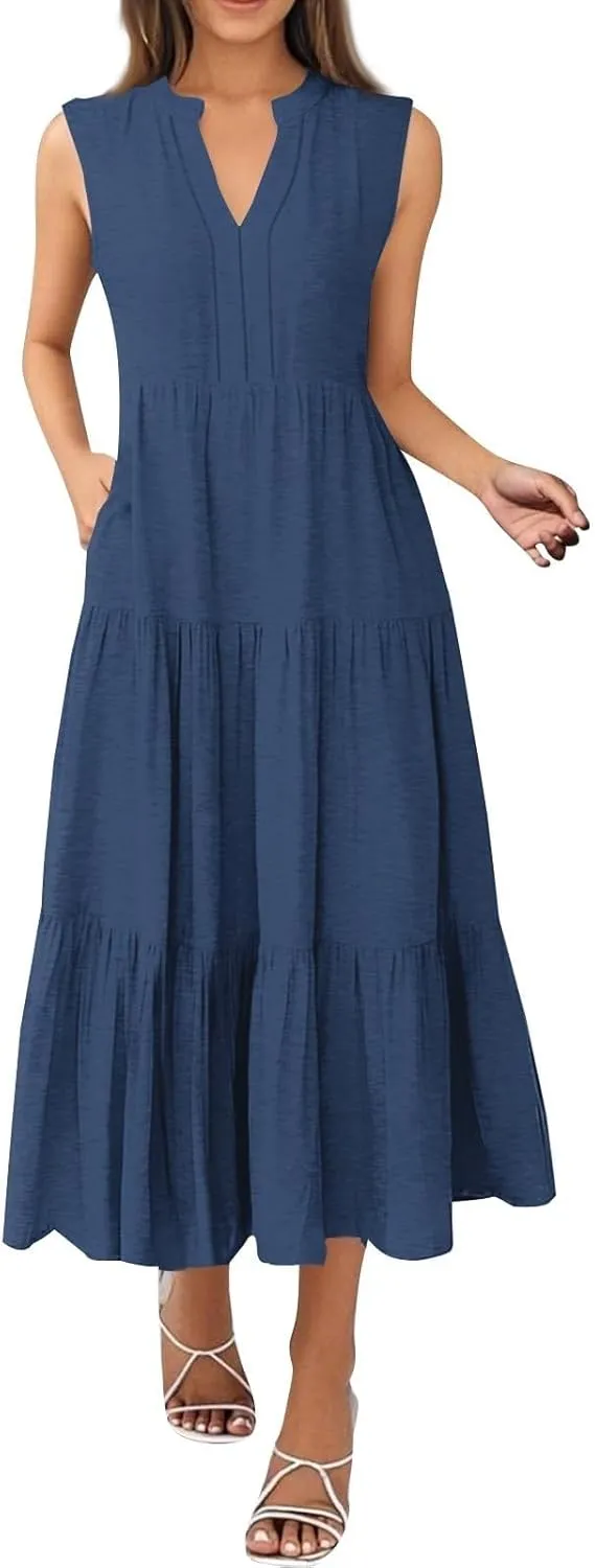Summer Dresses for Women 2025 Maxi Flowy Casual Boho Sundresses Sleeveless V-Neck Pleated Beach Vacation Tank Dress