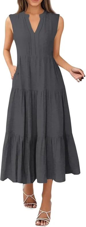 Summer Dresses for Women 2025 Maxi Flowy Casual Boho Sundresses Sleeveless V-Neck Pleated Beach Vacation Tank Dress