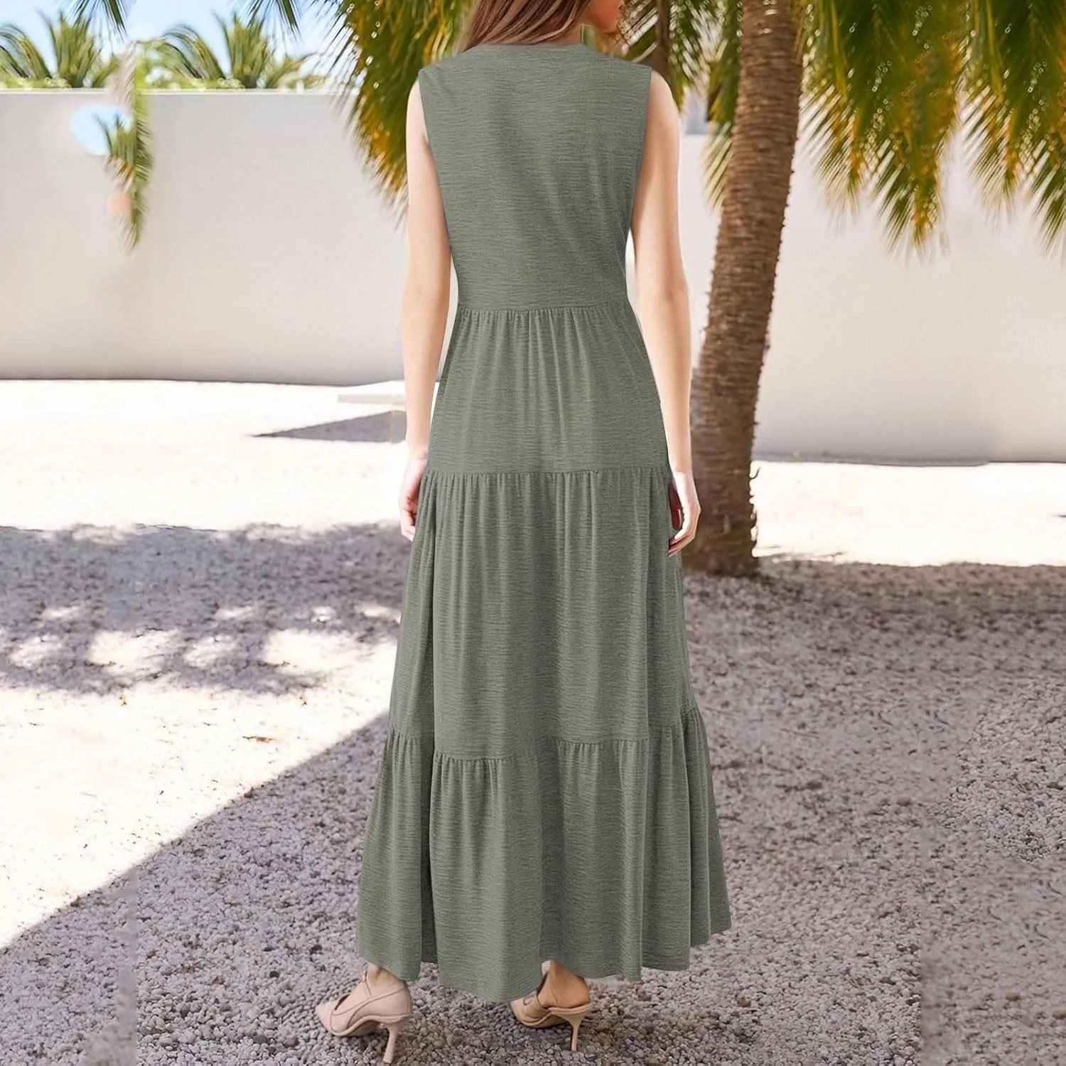 Summer Dresses for Women 2025 Maxi Flowy Casual Boho Sundresses Sleeveless V-Neck Pleated Beach Vacation Tank Dress
