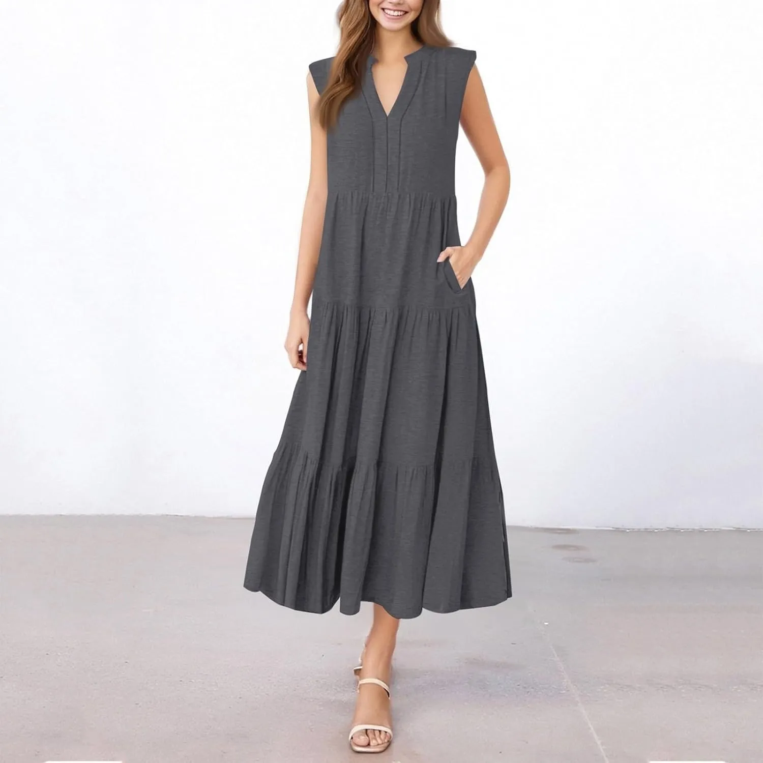 Summer Dresses for Women 2025 Maxi Flowy Casual Boho Sundresses Sleeveless V-Neck Pleated Beach Vacation Tank Dress