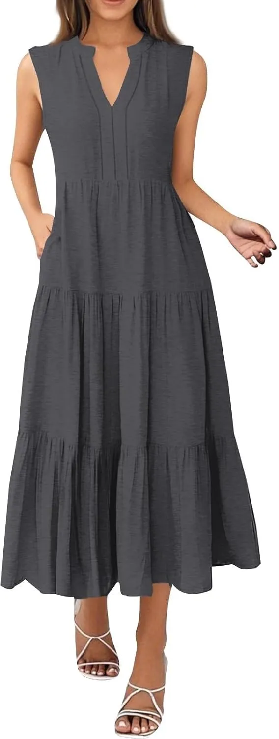 Summer Dresses for Women 2025 Maxi Flowy Casual Boho Sundresses Sleeveless V-Neck Pleated Beach Vacation Tank Dress