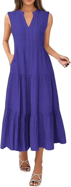 Summer Dresses for Women 2025 Maxi Flowy Casual Boho Sundresses Sleeveless V-Neck Pleated Beach Vacation Tank Dress