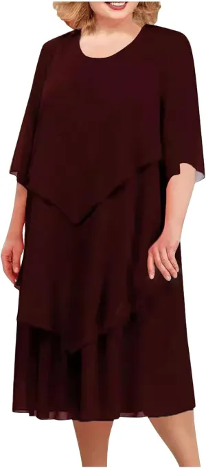 Summer Dresses for Women Plus Size Short Sleeve Ruffle Layered Formal Wear Wedding Guest Dresses Chiffon Midi Dress