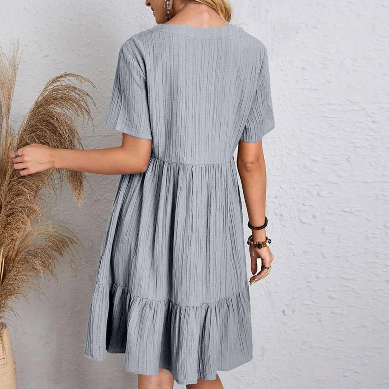Summer Dresses for Women Short Sleeve V Neck Vacation T Shirt Dress Ruffle Pleated Flowy Beach Sundresses