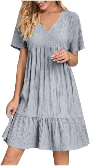 Summer Dresses for Women Short Sleeve V Neck Vacation T Shirt Dress Ruffle Pleated Flowy Beach Sundresses
