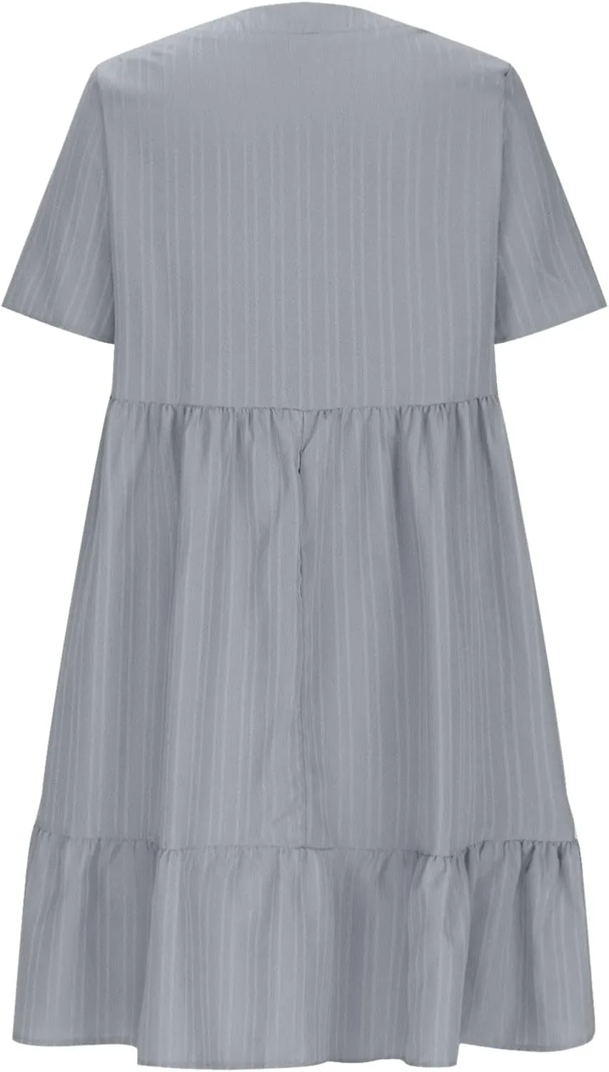 Summer Dresses for Women Short Sleeve V Neck Vacation T Shirt Dress Ruffle Pleated Flowy Beach Sundresses