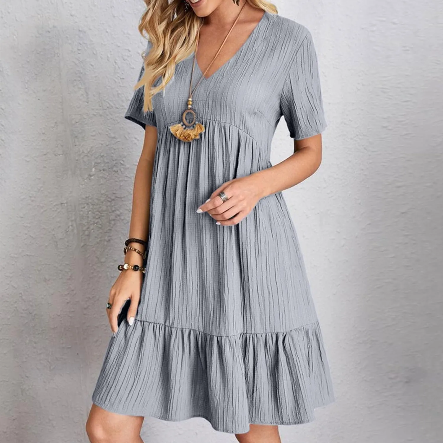 Summer Dresses for Women Short Sleeve V Neck Vacation T Shirt Dress Ruffle Pleated Flowy Beach Sundresses