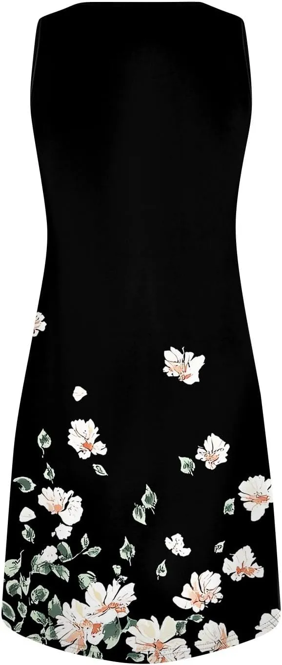 Summer Dresses for Women V-Neck Sleep Dress Casual Beach Tank Dress Sleeveless Sundresses Loose Floral T Shirt Dresses