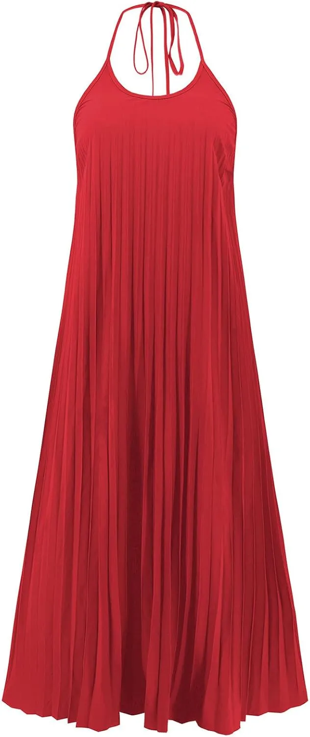 Summer Halter Sundress for Women Hawaiian Vacation Party Beach Dress Sexy Casual Backless Flowy Pleated Maxi Dresses
