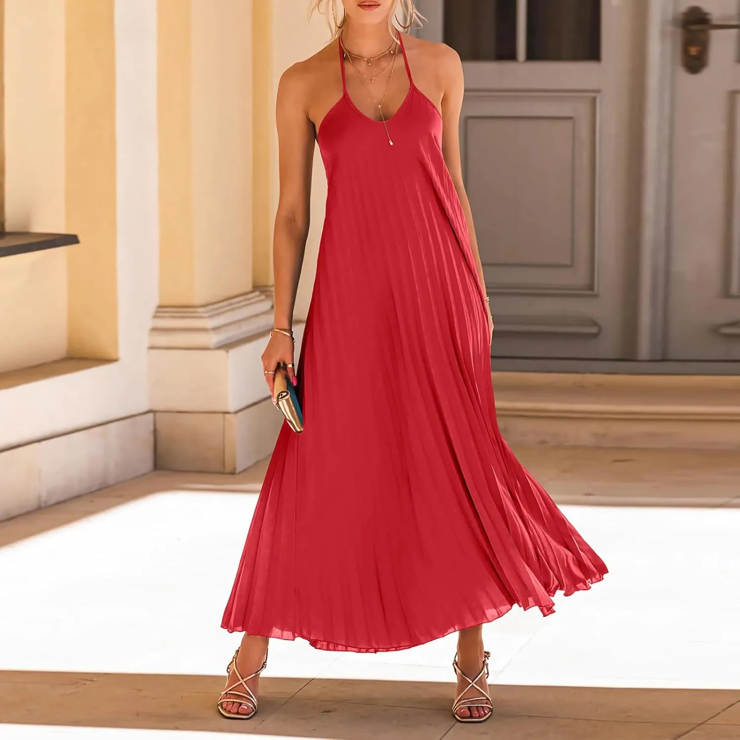 Summer Halter Sundress for Women Hawaiian Vacation Party Beach Dress Sexy Casual Backless Flowy Pleated Maxi Dresses