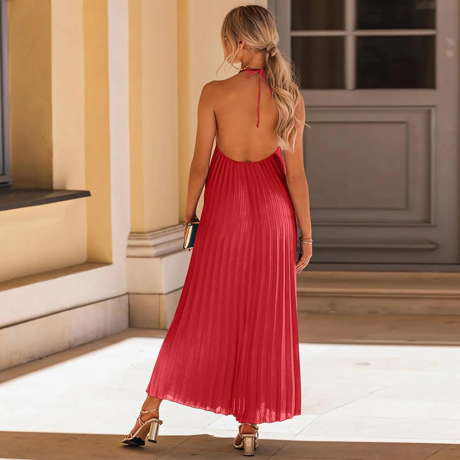 Summer Halter Sundress for Women Hawaiian Vacation Party Beach Dress Sexy Casual Backless Flowy Pleated Maxi Dresses