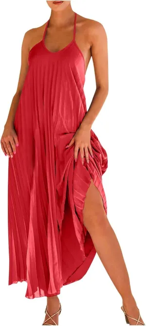 Summer Halter Sundress for Women Hawaiian Vacation Party Beach Dress Sexy Casual Backless Flowy Pleated Maxi Dresses
