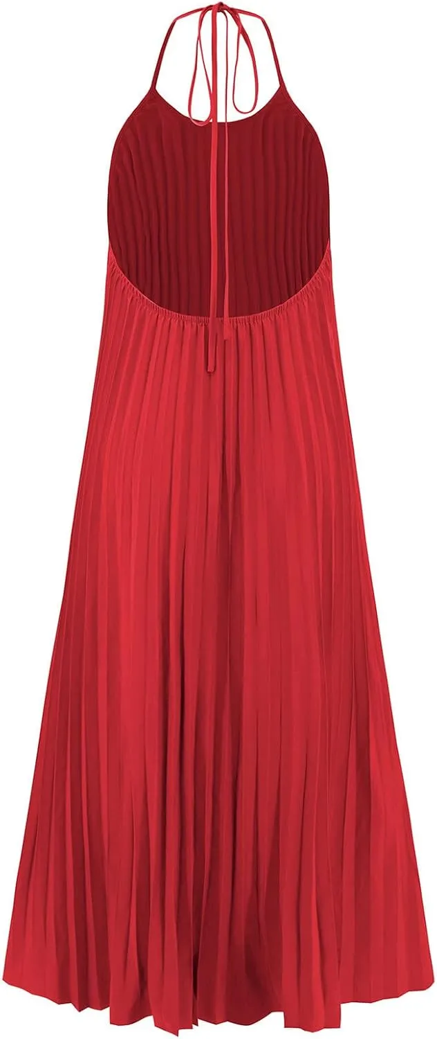 Summer Halter Sundress for Women Hawaiian Vacation Party Beach Dress Sexy Casual Backless Flowy Pleated Maxi Dresses