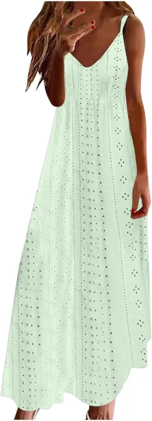 Summer Maxi Dresses for Women 2025 Trendy Beach Vacation Sundress Sexy Spaghetti Strap v Neck Lace Eyelet Dress