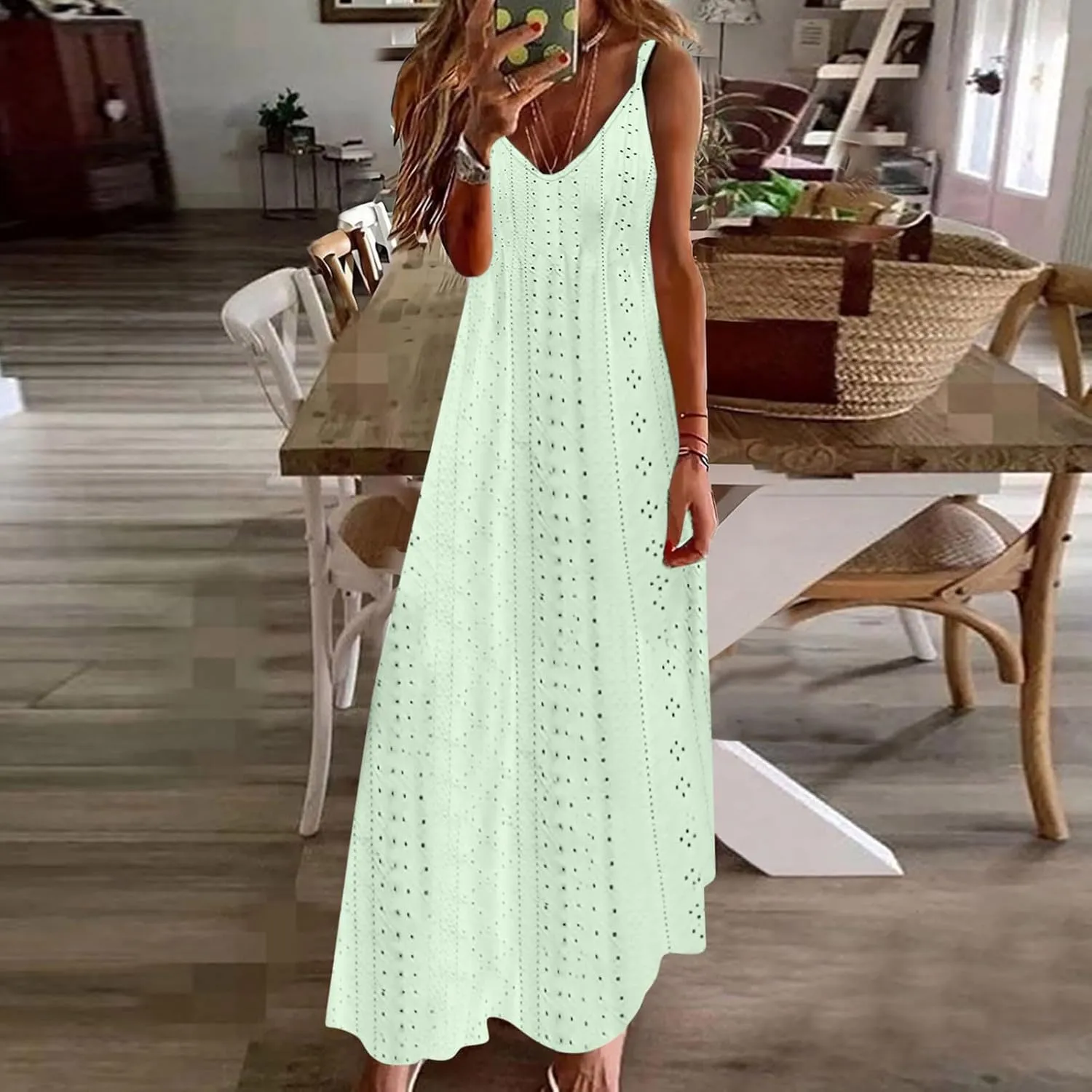 Summer Maxi Dresses for Women 2025 Trendy Beach Vacation Sundress Sexy Spaghetti Strap v Neck Lace Eyelet Dress