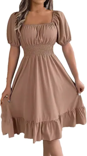 Summer Milkmaid Dresses for Women Square Neck Puff Sleeve Mini Dress Casual Cute ALine Ruffle Flowy Cottagecore Dress