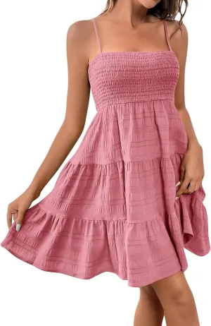 Sundress for Women 2025 Summer Smock Cami Dress Cute Spaghetti Strap Sleeveless Square Neck Beach Dress