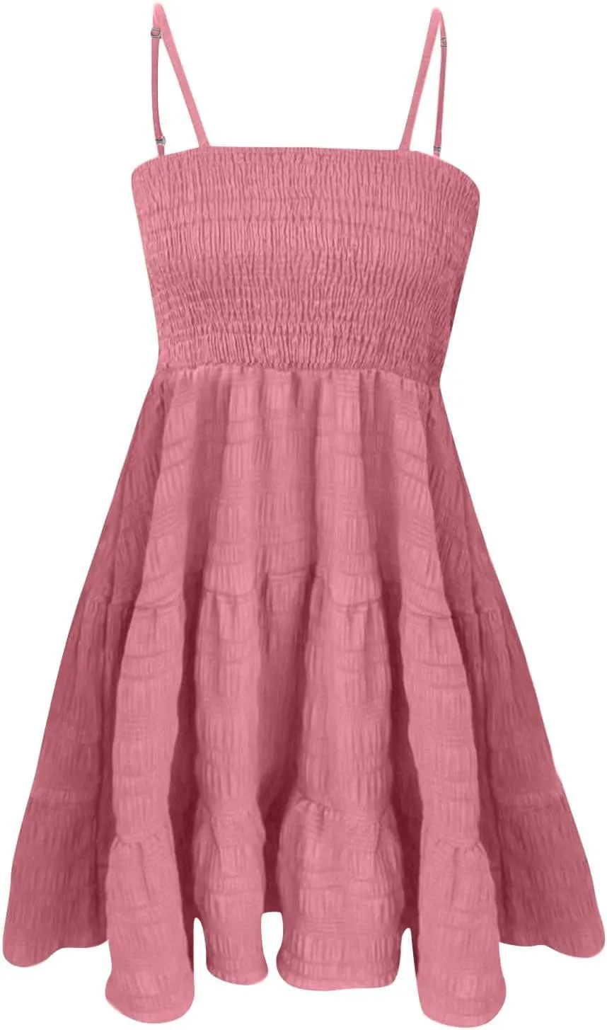 Sundress for Women 2025 Summer Smock Cami Dress Cute Spaghetti Strap Sleeveless Square Neck Beach Dress