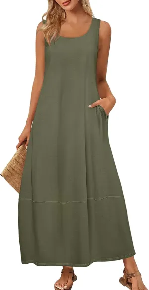 Sundresses for Women 2025 Scoop Neck Sleeveless Tank Dress Summer Beach Solid Party Flowy Long Dress with Side Pocket