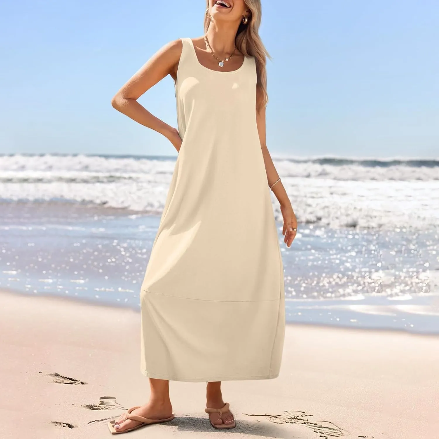 Sundresses for Women 2025 Scoop Neck Sleeveless Tank Dress Summer Beach Solid Party Flowy Long Dress with Side Pocket