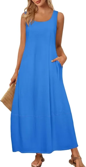 Sundresses for Women 2025 Scoop Neck Sleeveless Tank Dress Summer Beach Solid Party Flowy Long Dress with Side Pocket