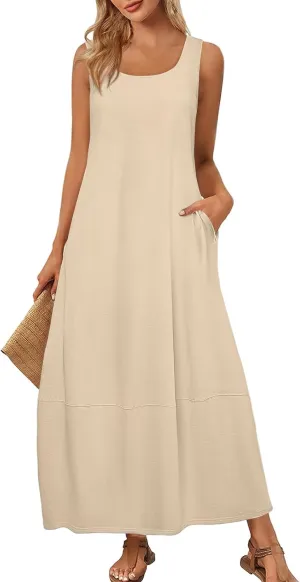 Sundresses for Women 2025 Scoop Neck Sleeveless Tank Dress Summer Beach Solid Party Flowy Long Dress with Side Pocket
