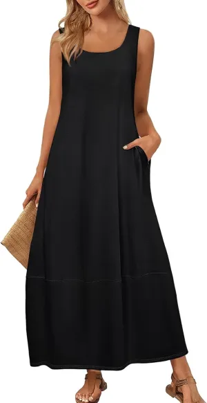 Sundresses for Women 2025 Scoop Neck Sleeveless Tank Dress Summer Beach Solid Party Flowy Long Dress with Side Pocket