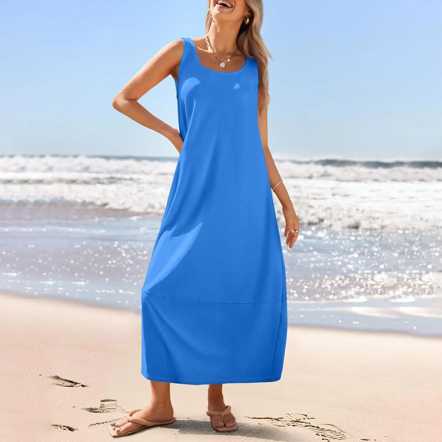 Sundresses for Women 2025 Scoop Neck Sleeveless Tank Dress Summer Beach Solid Party Flowy Long Dress with Side Pocket