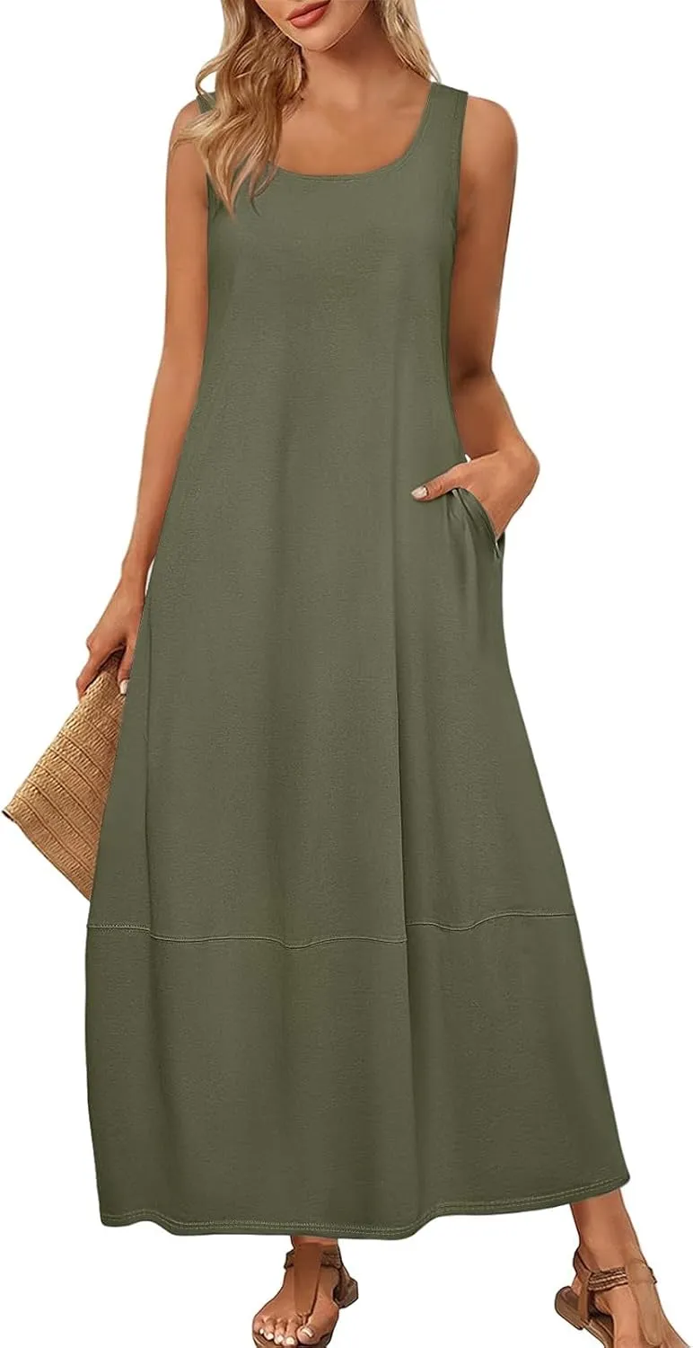 Sundresses for Women 2025 Scoop Neck Sleeveless Tank Dress Summer Beach Solid Party Flowy Long Dress with Side Pocket