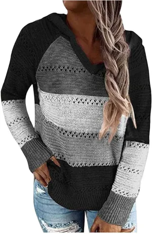 Sweatshirts for Women Sweaters for Women 2023 Womens Pullover Hooded Sweatshirts Color Block Long Sleeve Tops