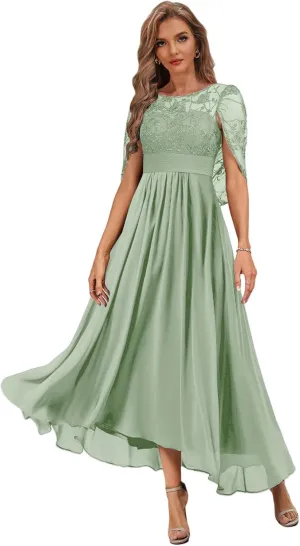 Tea Length Mother of The Bride Dress with Cape High Low Formal Dresses for Women Chiffon Lace Evening Gown