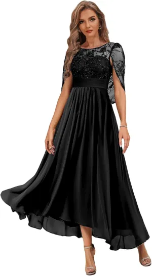 Tea Length Mother of The Bride Dress with Cape High Low Formal Dresses for Women Chiffon Lace Evening Gown