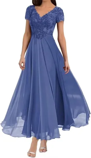 Tea Length Mother of The Bride Dresses for Wedding with Sleeves Lace Appliques V Neck Long Formal Evening Gowns