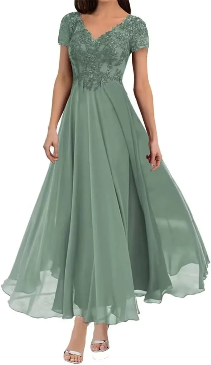 Tea Length Mother of The Bride Dresses for Wedding with Sleeves Lace Appliques V Neck Long Formal Evening Gowns