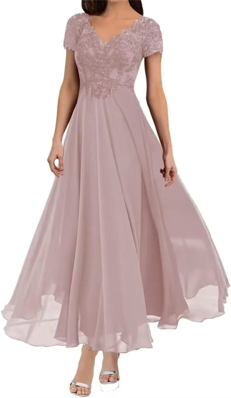 Tea Length Mother of The Bride Dresses for Wedding with Sleeves Lace Appliques V Neck Long Formal Evening Gowns