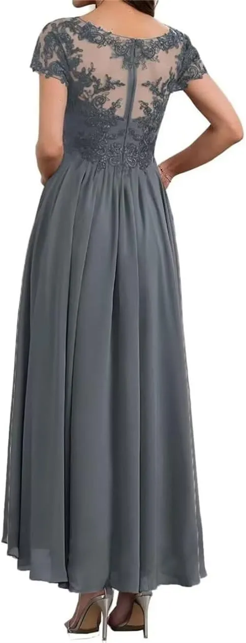 Tea Length Mother of The Bride Dresses for Wedding with Sleeves Lace Appliques V Neck Long Formal Evening Gowns